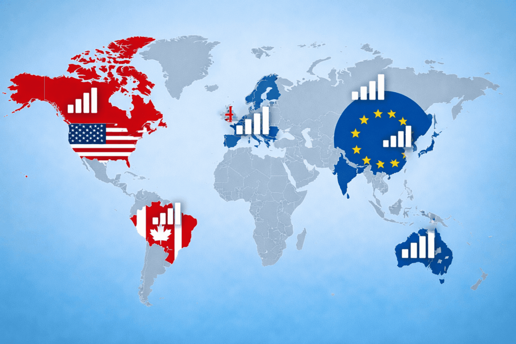 World map highlighting UK, USA, Canada, Australia, Europe